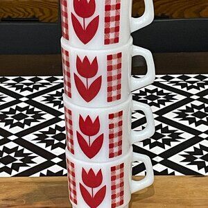 Vintage Termocrisa Red Tulip Milk Glass D handle Stackable Mug Set of 4